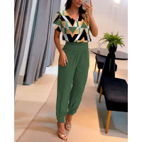 Geometric Print Top & Cuffed Pants Set - Army green