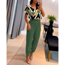 Geometric Print Top & Cuffed Pants Set - Army green