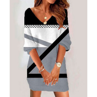 Geometric Print V-Neck Casual Dress - gray