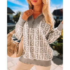 Geometric Print Zip Detail Long Sleeve Top - gray