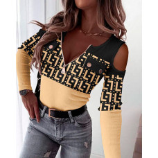 Geometric Print Zip Front Cold Shoulder Ribbed Top - khaki