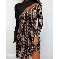 Geometric Print Zip Front Long Sleeve Dress - khaki