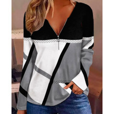 Geometric Print Zip Front Long Sleeve Top - gray