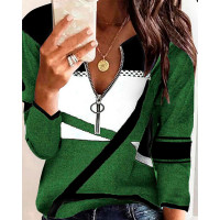 Geometric Print Zip Front Long Sleeve Top - green