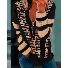 Geometric Print Zip Front Long Sleeve Top - khaki