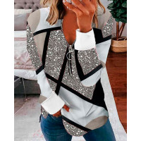 Geometric Print Zipper Design Long Sleeve Top - gray