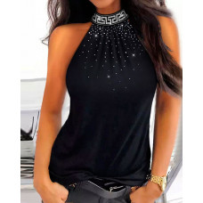 Geometric Rhinestone Mock Neck Top - black