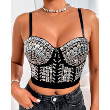 Geometric Sequin Removable Strap Crop Corset Top - black