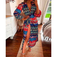 Geometric Tribal Print High Slit Lantern Sleeve Maxi Dress - blue