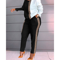 Geometric Trim Colorblock Long Sleeve Top & Pants Set - blackwhite
