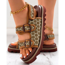 Geometric Velcro Slingback Platform Beach Sandals - brown