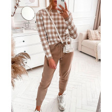 Gingham Long Sleeve Sweater & Drawstring Pants Set - khaki