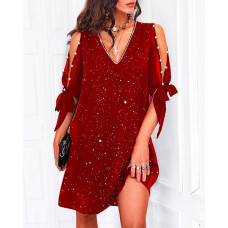 Glitter Cold Shoudler Tied Detail Casual Dress - Wine red