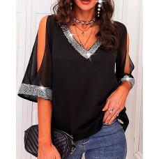 Glitter Cold Shoulder Casual Top - black