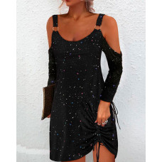 Glitter Cold Shoulder Drawstring Ruched Casual Dress - black