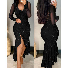 Glitter Contrast Lace Long Sleeve Mermaid Dress - black