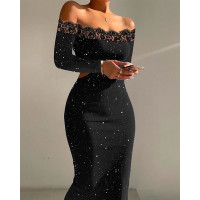 Glitter Contrast Lace Off Shoulder Cutout Bodycon Dress - black