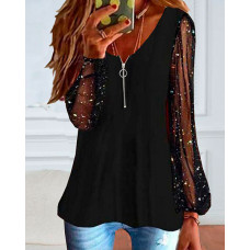 Glitter Contrast Mesh Long Sleeve Top - black