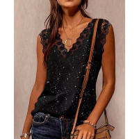 Glitter Crochet Lace Patch Tank Top - black