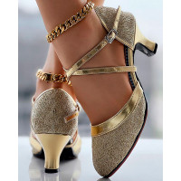 Glitter Cross Strap Buckled Latin Dance Pumps - gold