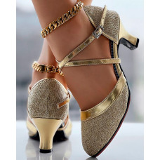 Glitter Cross Strap Buckled Latin Dance Pumps - gold