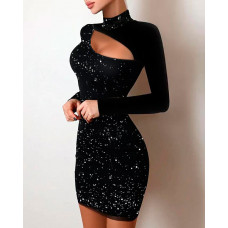 Glitter Cutout Long Sleeve Bodycon Dress - black