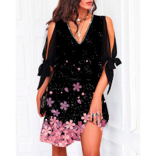 Glitter Floral Print Cold Shoudler Tied Detail Casual Dress - black