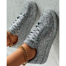 Glitter Lace--up Sneakers - silver