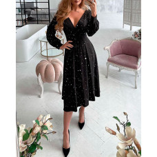 Glitter Lantern Sleeve V-Neck Party Dress - black