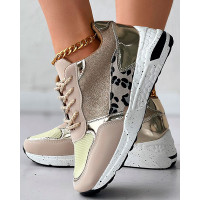 Glitter Leopard Print Lace-up Casual Sneakers - gold