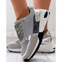 Glitter Leopard Print Lace-up Casual Sneakers - silver