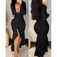 Glitter Long Sleeve Deep V-Neck Mermaid Dress - black