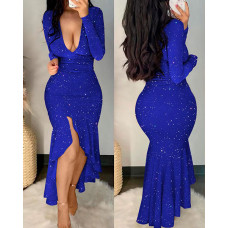 Glitter Long Sleeve Deep V-Neck Mermaid Dress - blue