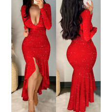 Glitter Long Sleeve Deep V-Neck Mermaid Dress - red