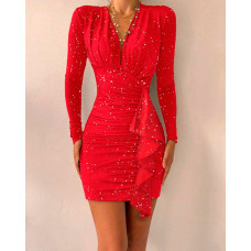 Glitter Long Sleeve Ruched Party Dress - red