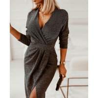 Glitter Long Sleeve Ruched Split Thigh Maxi Dress - black