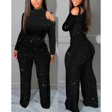 Glitter Metal Decor Cold Shoulder Jumpsuit - black