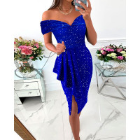 Glitter Off Shoulder Draped Detail Slit Party Dress - blue