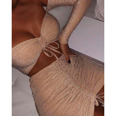 Glitter Off Shoulder Drawstring Twisted Crop Top & Skirt Sets - Apricot