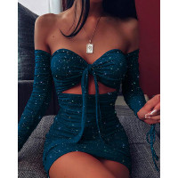 Glitter Off Shoulder Ruched Bodycon Dress - blue