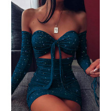 Glitter Off Shoulder Ruched Bodycon Dress - blue