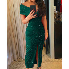 Glitter Off Shoulder Ruched Slit Dress - green