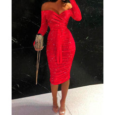 Glitter Off Shoulder Tie Front Ruched Party Dress - red