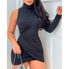 Glitter One Shoulder Ruched Bodycon Dress - black