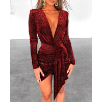 Glitter Plunge Ruched Irregular Bodycon Dress - red