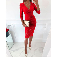 Glitter Puff Sleeve Surplice Neck Ruched Midi Dress - red