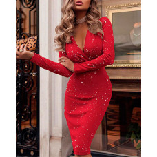 Glitter Ruched Long Sleeve Party Dress - red