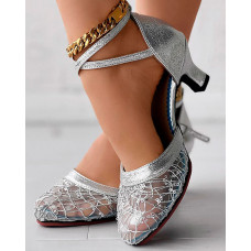 Glitter Sequined Cross Strap Latin Dance Pumps - silver