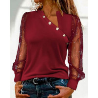 Glitter Sheer Mesh Long Sleeve Top - Wine red