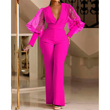 Glitter Sheer Mesh Puff Lantern Sleeve High Waist Jumpsuit - hot pink